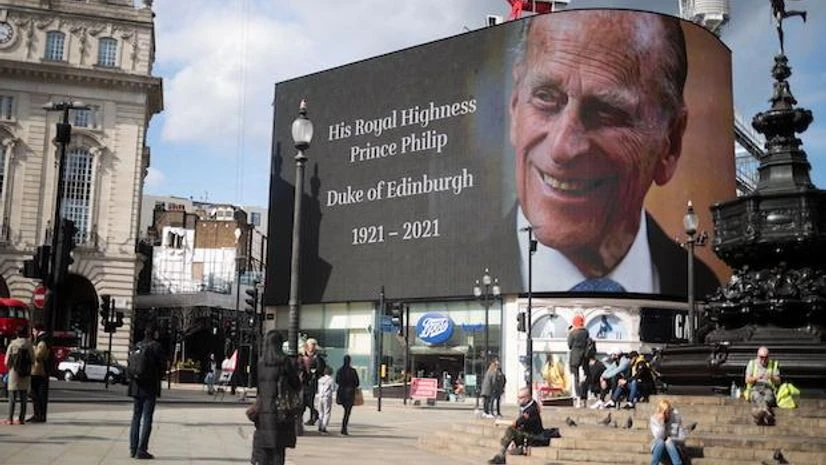 Prince Philip A screen with a picture and a message about Britain's Prince Philip, husband of Queen Elizabeth, is seen at Piccadilly Circus after he died at the age of 99, in London (Photo: Reuters)