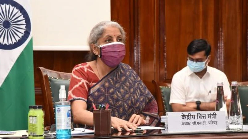 gst sitharaman FM Nirmala Sitharaman chairs 43rd #GSTCouncil meeting via video conferencing in New Delhi. Photo: Twitter/DDNewsLive