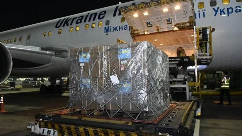 Ukraine aid An aircraft carrying the first shipment of 184 oxygen concentrators from Ukraine arrive in India. Photo: ANI