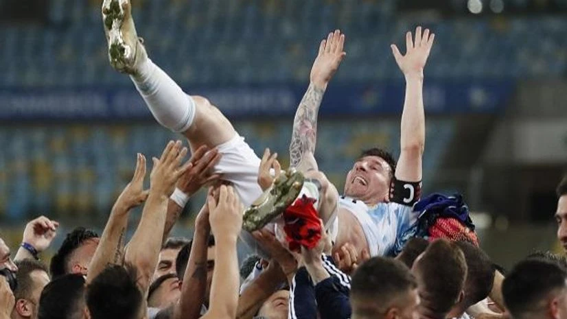Lionel Messi celebrates with his teammates after winning Copa America 2021 final. Photo:@CopaAmerica Lionel Messi celebrates with his teammates after winning Copa America 2021 final. Photo:@CopaAmerica