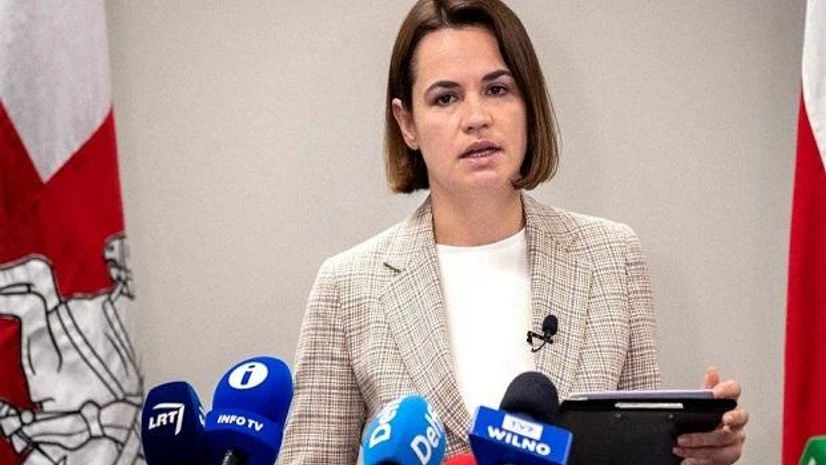 Belarus opposition leader Belarusian opposition leader Sviatlana Tsikhanouskaya speaks during her news conference in Vilnius, Lithuania, Wednesday, July 7, 2021. (AP Photo)