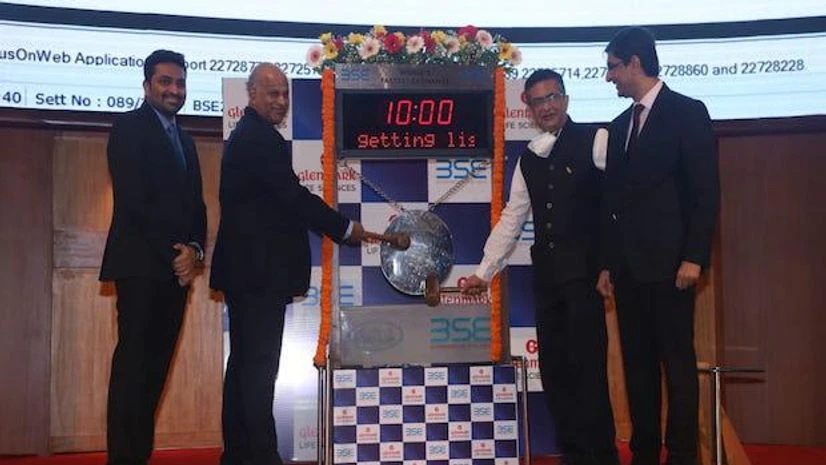 Glenmark Life Sciences V S Mani, ED and Global CFO, Glenmark Pharmaceuticals along with Bhavesh Pujara, CFO, Glenmark Life Sciences and Ashish Chauhan, MD & CEO, BSE India ringing the opening bell to mark the listing of Glenmark Life Sciences Ltd