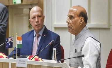 Rajnath Singh holds 'fruitful' talks with Australian counterpart Defence Minister Rajnath Singh with his Australian counterpart Peter Dutton during a joint press statment, at Vigyan Bhawan in New Delhi (Photo: PTI)