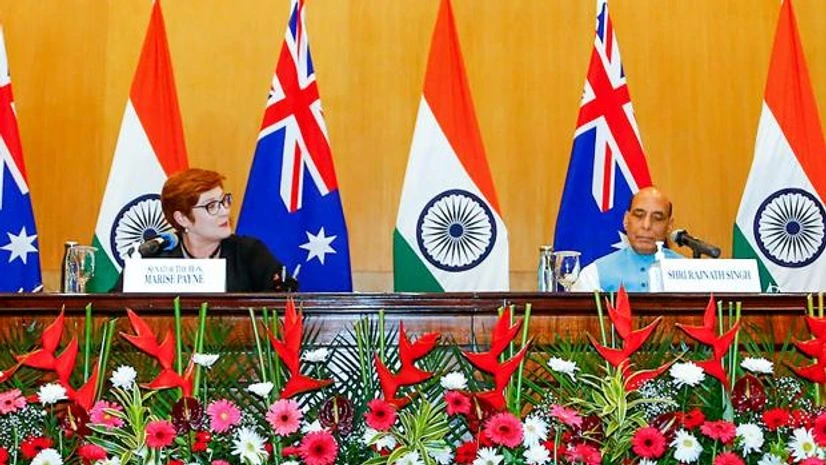 jaishankar Union Defence Minister Rajnath Singh, External Affairs Minister Dr. S Jaishankar, Minister for Defence of Australia Peter Dutton and Minister for Foreign Affairs of Australia Marise Payne during a press interaction. (Photo: PTI)
