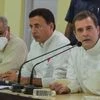 Congress leader Rahul Gandhi (R) speaks as Chhattisgarh CM Bhupesh Baghel (L) and party general secretary Randeep Surjewala look on during a special press conference at AICC HQ, in New Delhi (Photo: PTI)