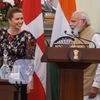 Prime Minister Narendra Modi with Denmark's Prime Minister Mette Frederiksen during their joint statement at Hyderabad House in New Delhi (Photo: PTI)