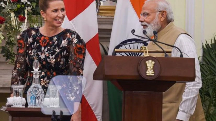 modi Frederiksen Prime Minister Narendra Modi with Denmark's Prime Minister Mette Frederiksen during their joint statement at Hyderabad House in New Delhi (Photo: PTI)
