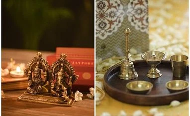 brass items A handcrafted seated Laxmi and Ganesha for Rs 1,590 (left) and brass and wood Kaveri devotional gift box for Rs 3,500 from Jaypore