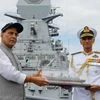 Defence ministerr Rajnath Singh (left) and Admiral Karambir Singh at the commissioning of INS Visakhapatnam