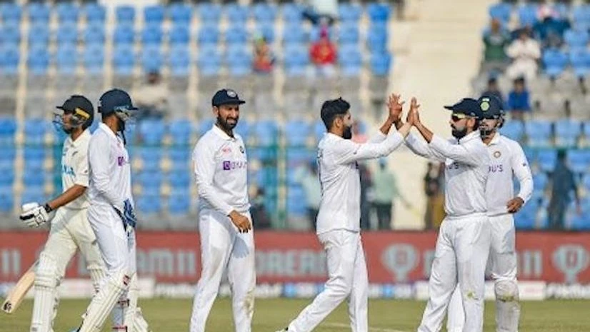 Ravindra Jadeja celebrates the dismissal of New Zealand batsman Rachin Ravindra with teammates during third day of the first Test cricket match between India and New Zealand, at Green Park stadium in Kanpur (Photo: PTI) Ravindra Jadeja celebrates the dismissal of New Zealand batsman Rachin Ravindra with teammates during third day of the first Test cricket match between India and New Zealand, at Green Park stadium in Kanpur (Photo: PTI)