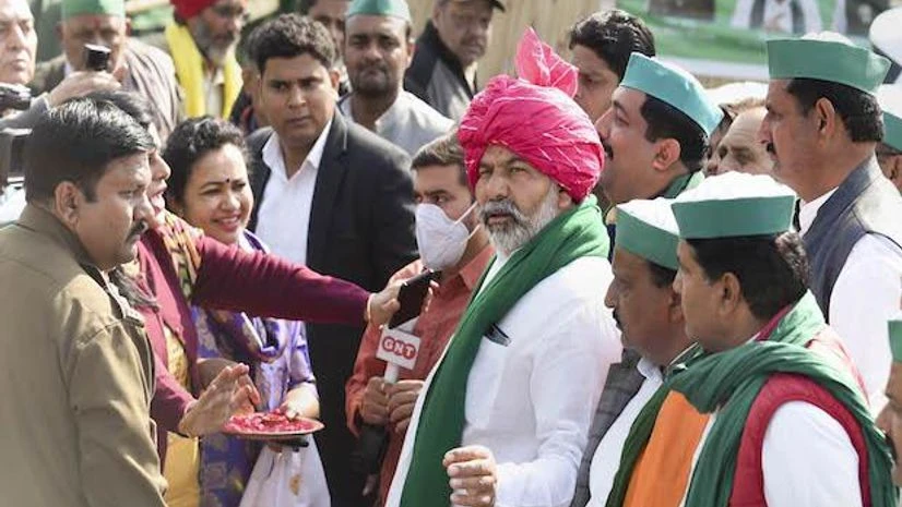 BKU leader Rakesh Tikait BKU leader Rakesh Tikait addresses the media as farmers prepare to leave from the Ghazipur border after the year-long agitation against contentious farm reform laws, in New Delhi (Photo: PTI)