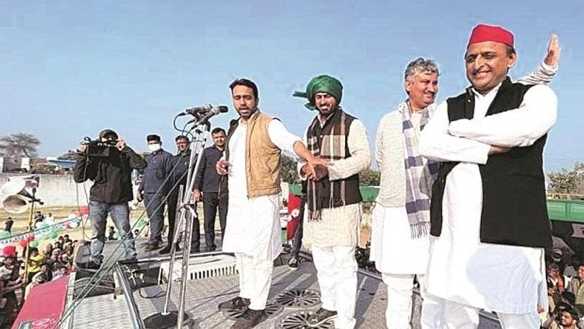 Akhilesh Yadav, Jayant Chaudhary (From left) RLD president Jayant Chaudhary with party leader Yogesh Nauhwar, SP’s Member of Legislative Council, UP, and Mant constituency candidate Sanjay Lathar and SP president and former UP CM Akhilesh Yadav. (Photo: Nitin Kumar)