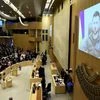 Ukraine's President Volodymyr Zelensky receives a standing ovation as he adresses the Sweden's parliament via video link, in Stockholm (Photo: AP/PTI)