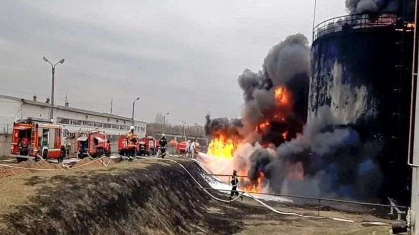 Firefighters work at the site of fire at an oil depot in Belgorod region, Russia (Photo: AP/PTI) Firefighters work at the site of fire at an oil depot in Belgorod region, Russia (Photo: AP/PTI)