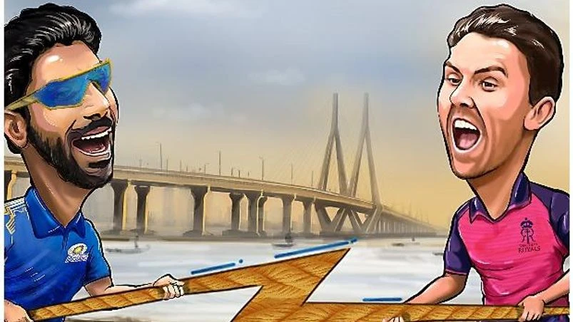 ipl 2022 mi vs rr Caricature of Jasprit Bumrah vs Trent Boult ahead of MI vs RR IPL 2022 clash. Photo:@mipaltan