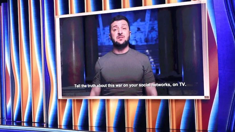 zelenskyy Ukraine President Volodymyr Zelenskyy addressed the audience at the 64th Annual Grammy Awards show. (Photo: Reuters/Mario Anzuoni)