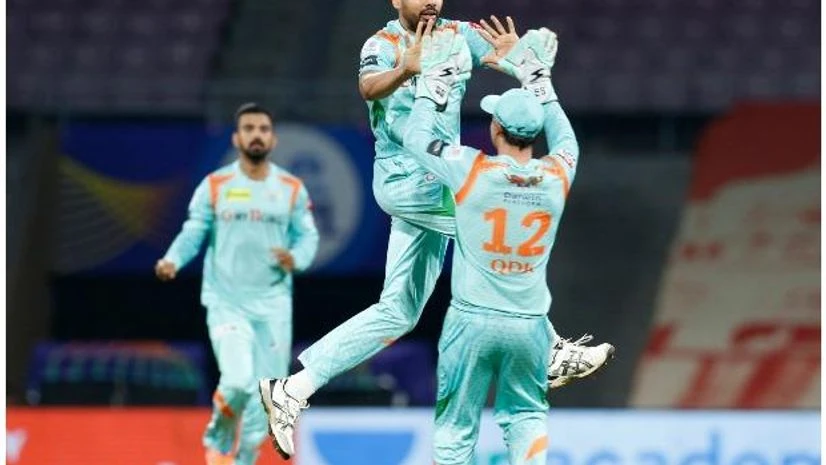 IPL 2022 LSG Avesh Khan LSG's Avesh Khan celebrates after taking the wicket of Nicholas Pooran in a match against SRH in IPL 2022. Photo: @LucknowIPL