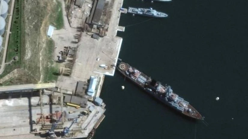 Moskva A satellite image shows a view of Russian Navy's guided missile cruiser Moskva at port, in Sevastopol, Crimea, April 7, 2022. Picture taken April 7, 2022. Satellite image 2022 Maxar Technologies/Handout via REUTERS
