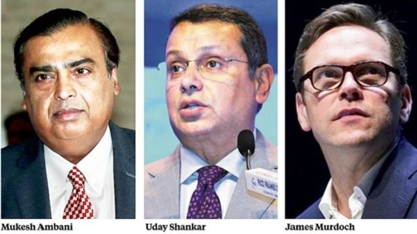 Mukesh Ambani, Uday Shankar, James Murdoch Mukesh Ambani, Uday Shankar, James Murdoch