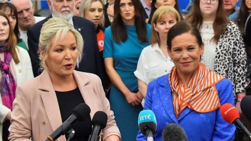 Michelle O'Neill, Mary Louise McDonald Sinn Fein deputy leader Michelle O'Neill and party leader Mary Louise McDonald speak to media at the Meadowbank Sports Arena count centre, in Magherafelt, Northern Ireland, May 7, 2022. REUTERS/Clodagh Kilcoyne