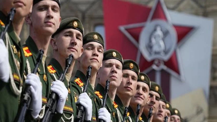 Russia, Russia soldiers Russian servicemen march during a dress rehearsal for the Victory Day military parade in Moscow, Russia, Saturday, May 7, 2022. The parade will take place at Moscow's Red Square on May 9 to celebrate 77 years of the victory in WWII. (AP Photo/Alexand