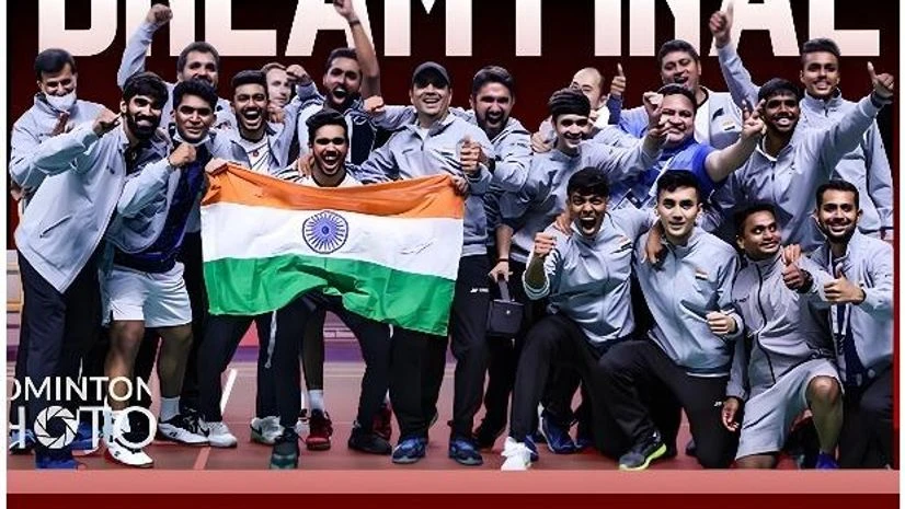 Badminton Indian Men's Badminton team posing after Semi Final win over Denmark in Thomas Cup. Photo: @BAI_Media