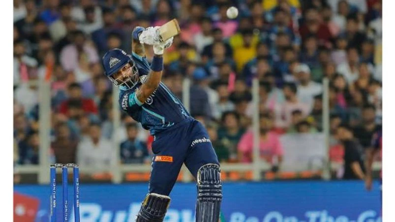GT vs RR IPL 2022 FINAL Hardik Pandya of Gujarat Titans plays a shot during the final T20 cricket match of the Indian Premier League 2022 in Ahmedabad on May 29, 2022. (Sportzpics/PTI Photo)