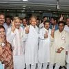Jaipur: Rajasthan Chief Minister Ashok Gehlot with Congress candidate Pramod Tiwari, Mukul Wasnik and Randeep Surjewala and others flashes the victory sign during the Rajya Sabha election in Jaipur, Friday, June 10, 2022. (PTI Photo)