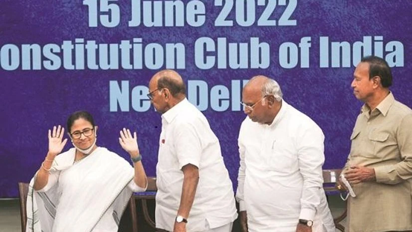 (From left) West Bengal CM Mamata Banerjee, NCP’s Sharad Pawar, Congress’ Mallikarjun Kharge and DMK’s T R Baalu after the Opposition leaders' meeting in New Delhi on Wednesday. (From left) West Bengal CM Mamata Banerjee, NCP’s Sharad Pawar, Congress’ Mallikarjun Kharge and DMK’s T R Baalu after the Opposition leaders' meeting in New Delhi on Wednesday.