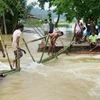 Goalpara: Villagers make a temporary bamboo bridge after a portion of a road was washed away by the flood water at a village in Goalpara district of Assam state, Saturday, June 18 2022.  (PTI Photo)
