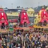 Chariots of of Lord Jagannath, Lord Balabhadra and goddess Subhadra reach the Singhdwar, ahead of the Rath Yatra festival, in Puri (Photo: PTI)