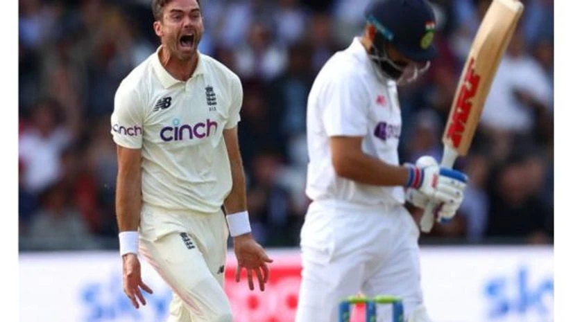 India tour of England James Anderson celebrating the wicket of Virat Kohli during the 2021 leg of the England vs India Test series. Photo: (Twitter/@englandcricket)