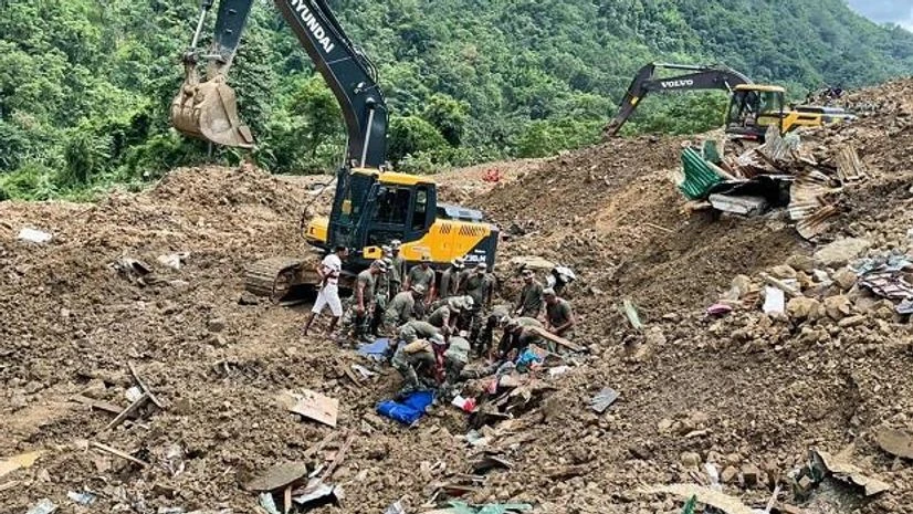Rescue operations underway for the third consecutive day after a massive landslide hit the Tupul railway construction camp, in Noney district of Manipur (Photo: PTI) Rescue operations underway for the third consecutive day after a massive landslide hit the Tupul railway construction camp, in Noney district of Manipur (Photo: PTI)