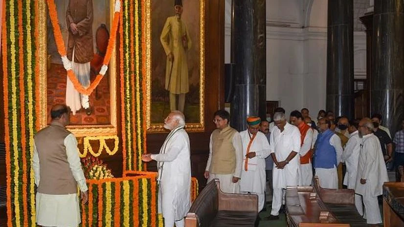 Narendra Modi, Syama Prasad Mookerjee Prime Minister Narendra Modi pays tribute to to Jana Sangh founder Syama Prasad Mookerjee on his birth anniversary, at Central Hall of Parliament, in New Delhi, Wednesday, July 6, 2022. (PTI Photo)