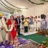 Punjab CM Bhagwant Mann and Gurpreet Kaur during their wedding ceremony in Chandigarh. AAP leaders Arvind Kejriwal and Raghav Chadha are also seen