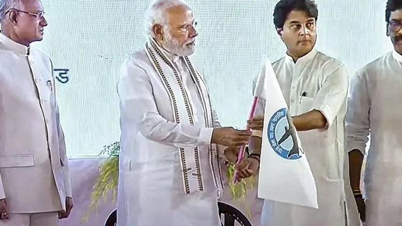 PM Modi Prime Minister Narendra Modi with Union Civil Aviation Minister Jyotiraditya Scindia, Jharkhand Governor Ramesh Bais and Chief Minister Hemant Soren inaugurate the Deoghar Airport