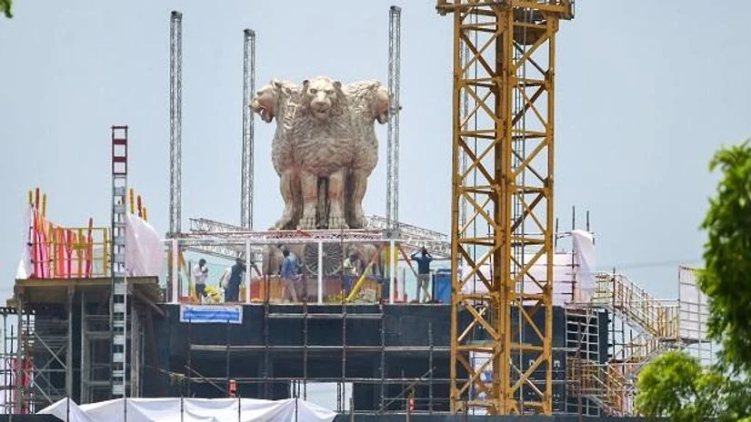 National Emblem View of the national emblem, which was unveiled by Prime Minister Narendra Modi cast on the roof of New Parliament House building, in New Delhi (Photo: PTI)