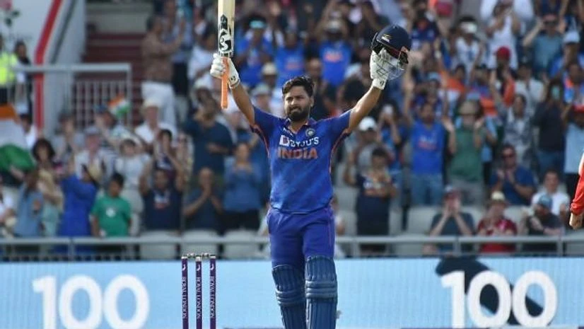 Rishabh Pant celebrates after reaching a century during the third one day international cricket match between England and India at Emirates Old Trafford cricket ground in Manchester (Photo: AP/PTI) Rishabh Pant celebrates after reaching a century during the third one day international cricket match between England and India at Emirates Old Trafford cricket ground in Manchester (Photo: AP/PTI)
