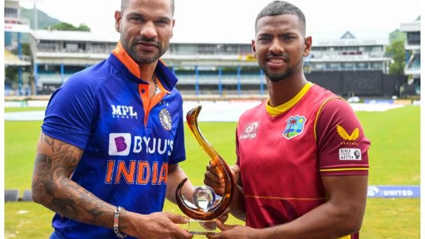 India vs West Indies India captain Shikhar Dhawan poses with the trophy alongside West Indies captain Nicholas Pooran. Photo:(Twitter/@BCCI)