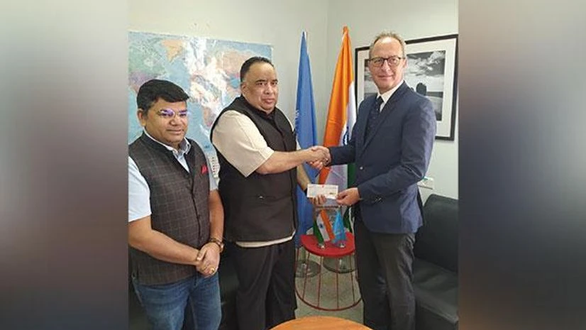 Director n MEA, Sunil Kumar with UNRWA Partnership Director of External Relations Karim Amer and MEA Under-Secretary for West Asia and North Africa Harish Kumar Director n MEA, Sunil Kumar with UNRWA Partnership Director of External Relations Karim Amer and MEA Under-Secretary for West Asia and North Africa Harish Kumar