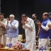 Outgoing Vice President M Venkaiah Naidu with PM Narendra Modi, Lok Sabha Speaker Om Birla, Union Minister Piyush Goyal, RS Deputy Chairman Harivansh Narayan Singh and Leader of Oppn in Rajya Sabha Mallikarjun Kharge during a farewell function organi