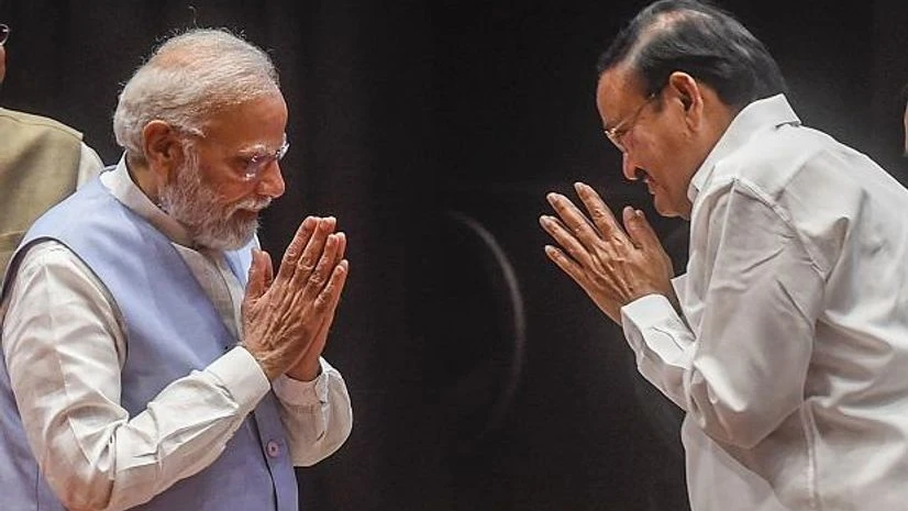 Narendra Modi, M. Venkaiah Naidu, PM Modi Former Vice-President M Venkaiah Naidu exchanges greetings with Prime Minister Narendra Modi (Photo: PTI)