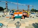 Construction workers with national flag in Ram Janmabhoomi temple complex Construction workers with national flag in Ram Janmabhoomi temple complex
