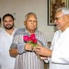 Bihar CM Nitish Kumar with RJD supremo Lalu Prasad during a meeting in Patna. Deputy CM Tejashwi Prasad Yadav is also seen (Photo: PTI)