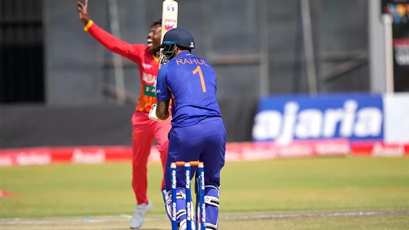 India vs Zimbabwe KL Rahul (1) lbw b Nyauchi. Photo: @ZimCricketv