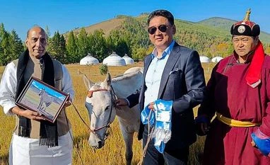 Mongolian President gifts horse 'Tejas' to Defence Minister Rajnath Singh Defence Minister Rajnath Singh being gifted a majestic horse by Mongolian President U Khurelsukh during his visit