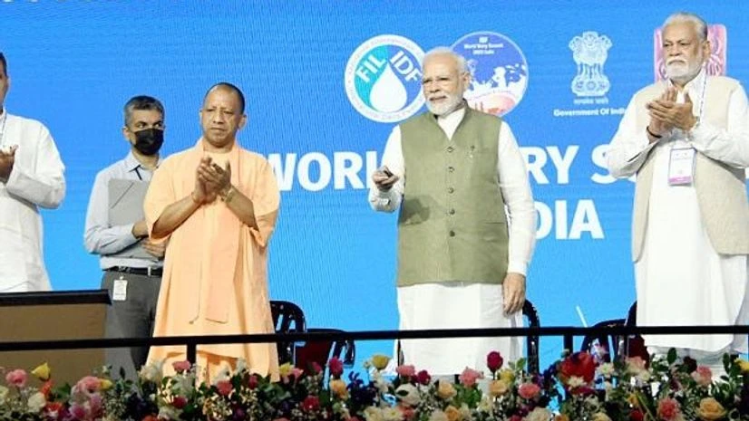 PM Narendra Modi at the inauguration of the International Dairy Federation World Dairy Summit (IDF WDS) 2022, at India Expo Centre & Mart in Greater Noida. Uttar Pradesh CM Yogi Adityanath is also seen. PM Narendra Modi at the inauguration of the International Dairy Federation World Dairy Summit (IDF WDS) 2022, at India Expo Centre & Mart in Greater Noida. Uttar Pradesh CM Yogi Adityanath is also seen.