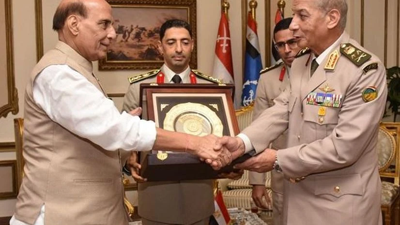 Rajnath Singh Rajnath Singh meets his Egyptian counterpart General Mohamed Zaki in Cairo. (Photo: Twitter/@rajnathsingh)