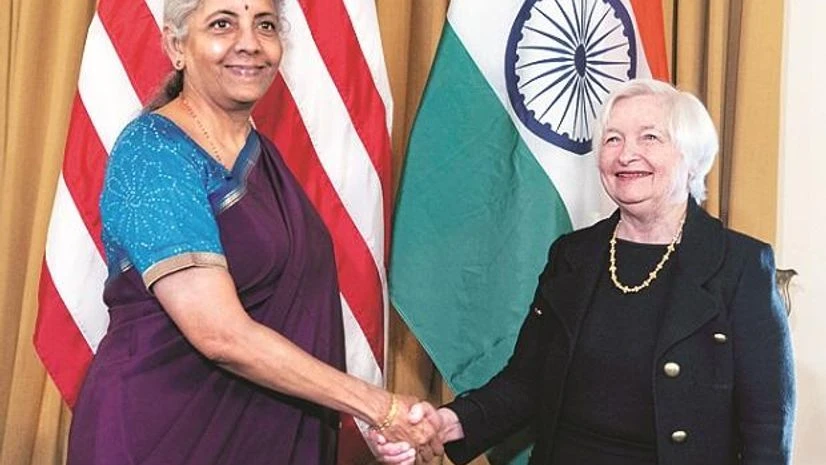 Nirmala Sitharaman Finance Minister Nirmala Sitharaman with US Treasury Secretary Janet Yellen at the Department of Treasury in Washington. Yellen will visit India next month (Photo: PTI)