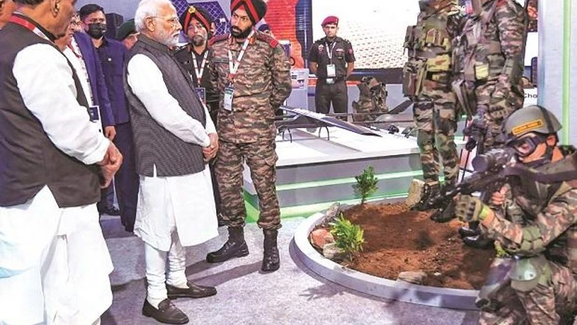 Defence Expo 2022 At the DefExpo 2022 in Gandhinagar on Wednesday, Modi also launched “Mission DefSpace” to develop innovative solutions in the space domain through industry and start-ups. (Photo: PTI)